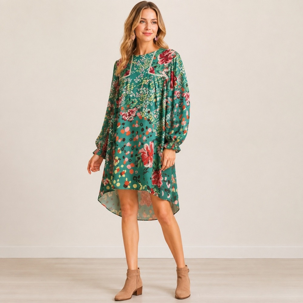 Umgee USA Floral Green Long Sleeve Crochet Inset Tunic Dress‎ Sz S